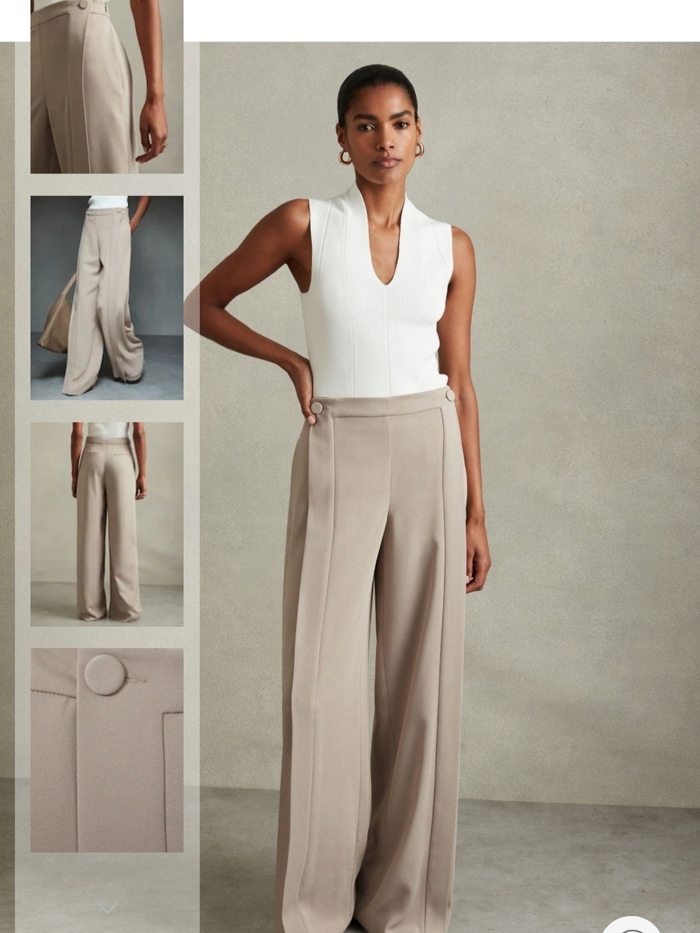 Reiss Coraline Button-Front Wide Leg Trousers in Stone Size 14/16 NWT